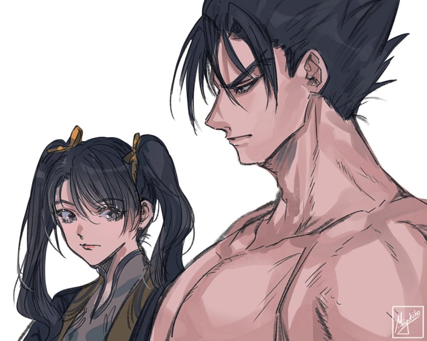 1boy 1girls athletic_male big_pecs canon_couple chinese_girl female fit_male girl_staring_at_guy's_chest jin_kazama kazama_jin ling_xiaoyu male meme muscular_male namco tekken topless topless_male