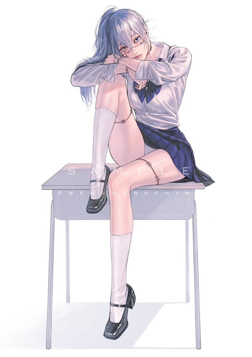 arm_on_knee collared_shirt dress female genderswap_(mtf) head_on_arm heterochromia highres jujutsu_kaisen kneehighs legs looking_at_viewer mahito_(jujutsu_kaisen) panties ponytail school_uniform skirt stiches table underwear watermark wengwengchim white_shirt white_socks