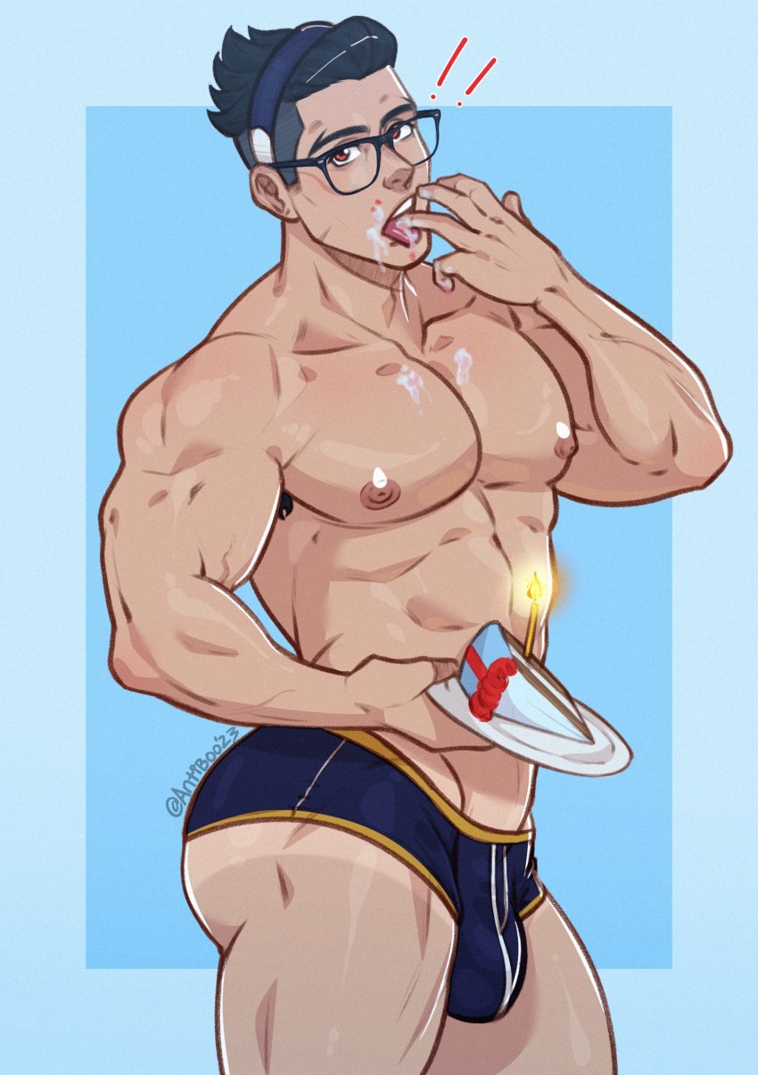 antibooart ass_cleavage birthday birthday_cake frosting frosting_on_face glasses headband licking_fingers male_only muscles my_hero_academia nipples pecs red_eyes solo_male suggestive_food tanline tenya_iida thighs undercut underwear underwear_only