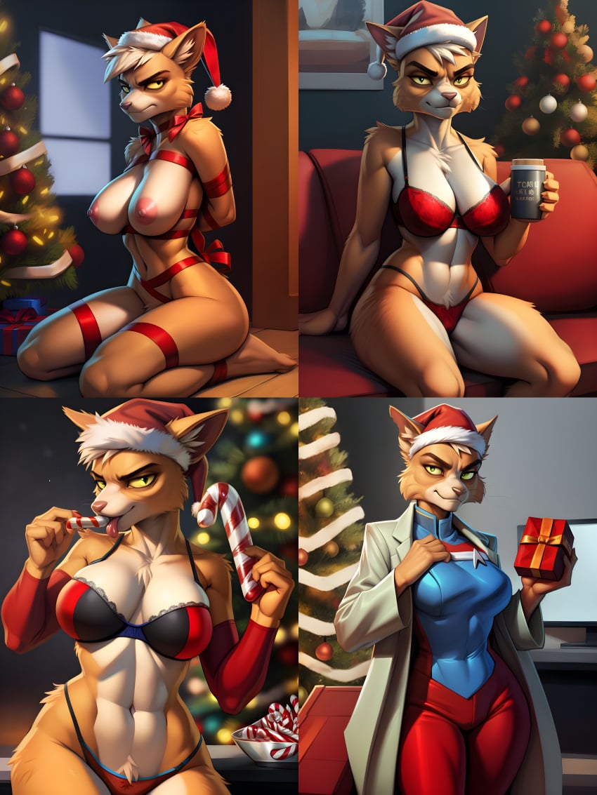 absurd_res ai_generated bondage bound bound_arms breasts caitian_(species) candy_cane christmas christmas_tree dr._t'ana female female_only femsub gift hi_res multiple_images neocorai nipples ribbon_bondage santa_hat solo solo_female star_trek star_trek_lower_decks submissive submissive_female