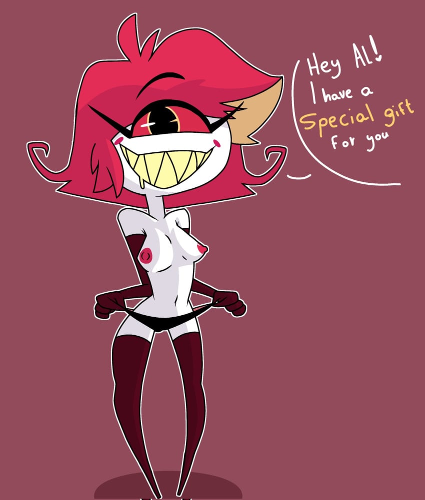 1_eye big_breasts bodily_fluids breasts clothing cyclops demon demon_humanoid fangs female genitals hair hazbin_hotel hi_res humanoid niffty nipples open_mouth open_smile panties pussy red_hair saliva simp_tale simple_background smile solo teeth thick_thighs underwear white_body