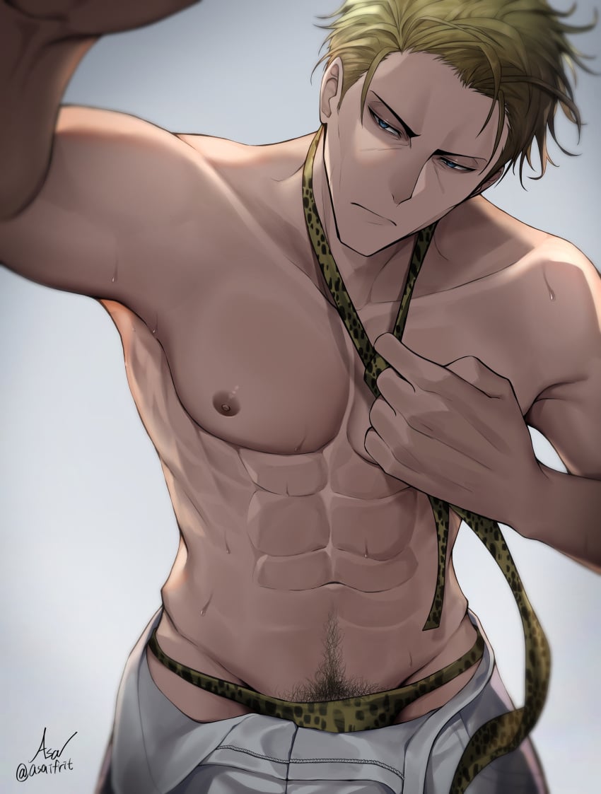 1boy abs asaifrit happy_trail jujutsu_kaisen kento_nanami leopard_print leopard_print_underwear male_only muscular muscular_male pants_unzipped pov pubic_hair shirtless sweat sweating undone_tie yaoi