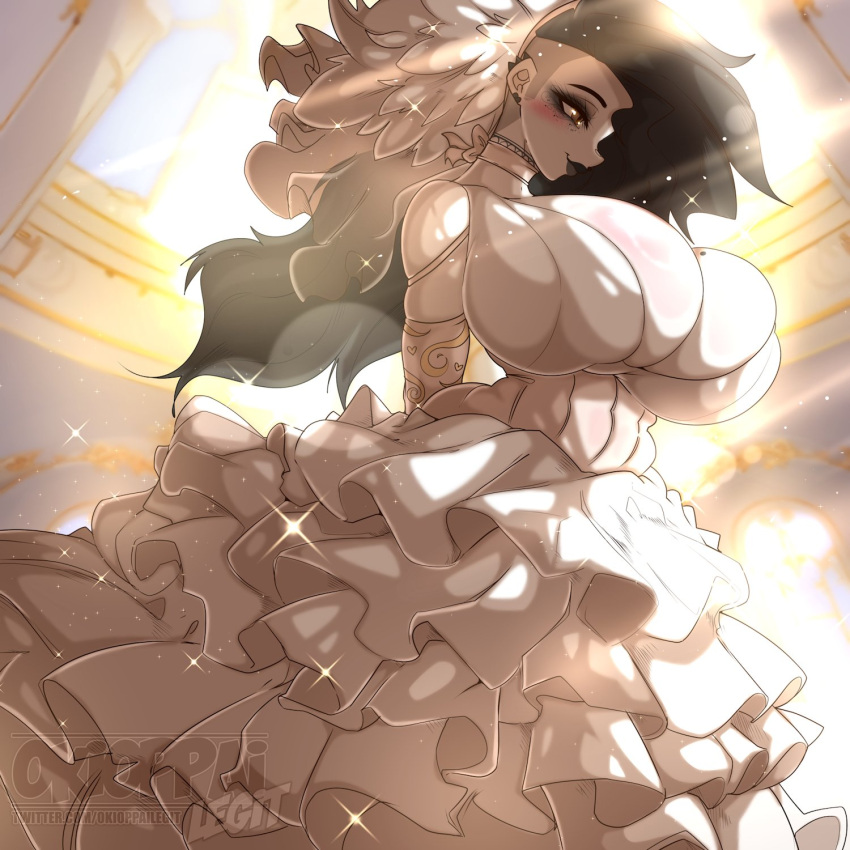 1girls big_breasts cleavage female female_only huge_breasts okioppai original overflowing_breasts pandora_(okioppai) side_cut solo wedding_dress