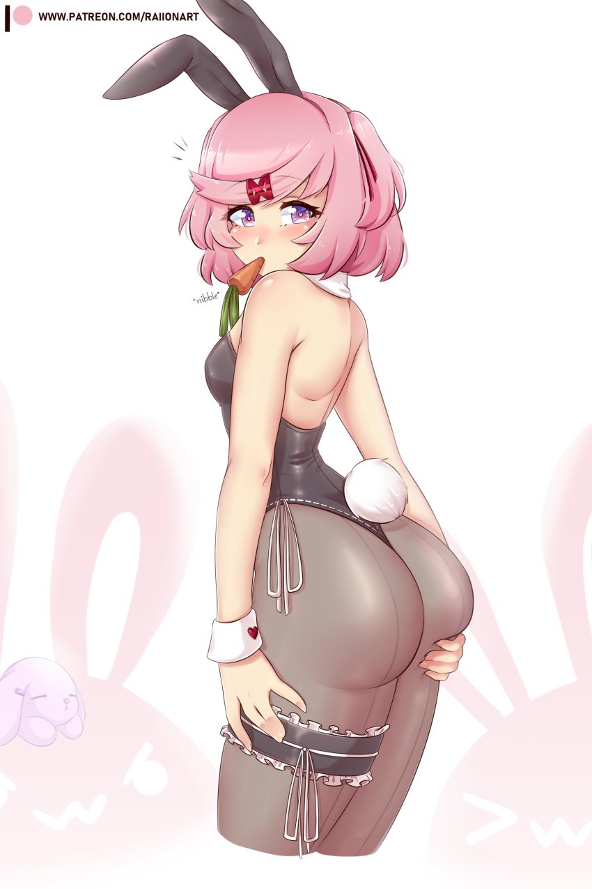 1girls big_ass bunny_costume bunny_ears bunny_girl bunny_tail bunnysuit doki_doki_literature_club female female_only natsuki_(doki_doki_literature_club) pantyhose petite petite_body petite_breasts petite_female pink_hair purple_eyes raionart short_hair small_breasts solo thick_ass