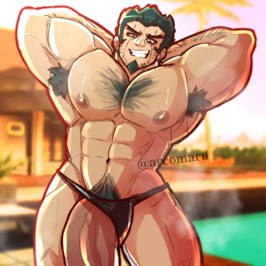 1boy arcomaru armpit_hair balls bara big_balls big_penis body_hair chest_hair danganronpa facial_hair gay hands_behind_head male male_only muscles muscular musk nidai_nekomaru penis solo solo_male super_danganronpa_2