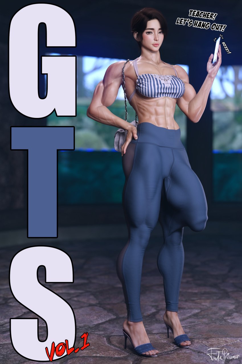 1futa 1girls 3d abs balls breasts brown_eyes brown_hair bulge comic_cover dark_eyes female futa_only futanari futaprisoner high_heels huge_balls huge_cock light-skinned_female light_skin mobile_phone muscles muscular muscular_female muscular_futanari song testicles