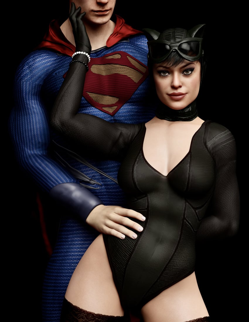 1boy 1girls 3d 3d_(artwork) absurd_res absurdres agent_4_tea_se7en batman_(series) black_background black_hair black_stockings bracelet cape catsuit catwoman catwoman_(injustice) couple couple_(romantic) dc dc_comics dc_extended_universe dceu exposed_thighs female female_focus female_human goggles goggles_on_head grabbing_bulge grabbing_penis hand_behind_back hand_on_cheek hand_on_waist helmet hi_res highres imminent_sex implied_handjob injustice injustice_2 kal-el leather leather_clothing leotard light-skinned_female light-skinned_male light_skin looking_at_camera looking_at_viewer male male/female man_of_steel medium_breasts muscles muscular muscular_male pearl_bracelet render seductive seductive_eyes seductive_look selina_kyle short_hair stockings superhero superhero_costume superheroine superman superman_(series) thick_thighs thighhighs thighs visor visor_(eyewear) visor_glasses visor_helmet