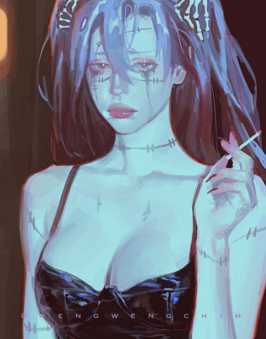 bare_shoulders breasts cigarette cleavage female fingernails genderswap_(mtf) grey_hair highres holding_cigarette jujutsu_kaisen lips looking_at_viewer mahito_(jujutsu_kaisen) mascara_tears sharp_fingernails short_twintails sitches solo twintails watermark wengwengchim