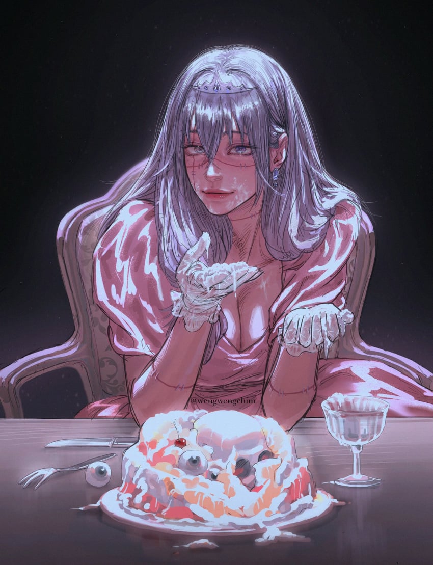 alternate_costume breasts cake cherry cleavage cup dress earrings eyeball female food food_on_face fork fruit genderswap_(mtf) grey_hair heterochromia jujutsu_kaisen knife looking_at_viewer mahito_(jujutsu_kaisen) messy simple_background skull stiches table wengwengchim