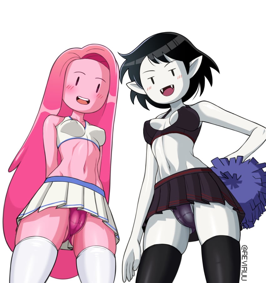 2girls adventure_time big_breasts black_hair cheerleader cheerleader_uniform cleavage fangs female female_only long_hair long_pink_hair looking_at_viewer looking_down marceline navel panties pink_body pink_hair pink_skin pom_poms princess_bubblegum reviruu short_black_hair skirt thighhighs thighs upskirt vampire vampire_girl wide_hips