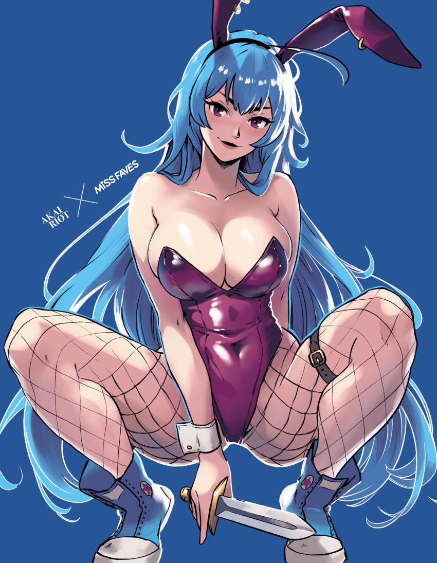 akairiot blue_background blue_hair blue_shoes blue_theme breasts bunny_ears bunnysuit female female_only fishnets holding_object holding_weapon looking_at_viewer missfaves oc original original_character purple_eyes solo squatting tagme