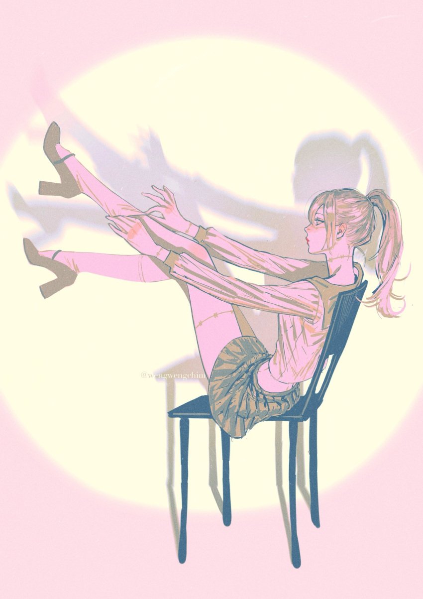 chair female genderswap_(mtf) high_heels highres jujutsu_kaisen legs long_hair long_legs mahito_(jujutsu_kaisen) ponytail school_uniform serafuku shadow sitting skirt solo spotlight stiches wengwengchim white_shirt white_socks