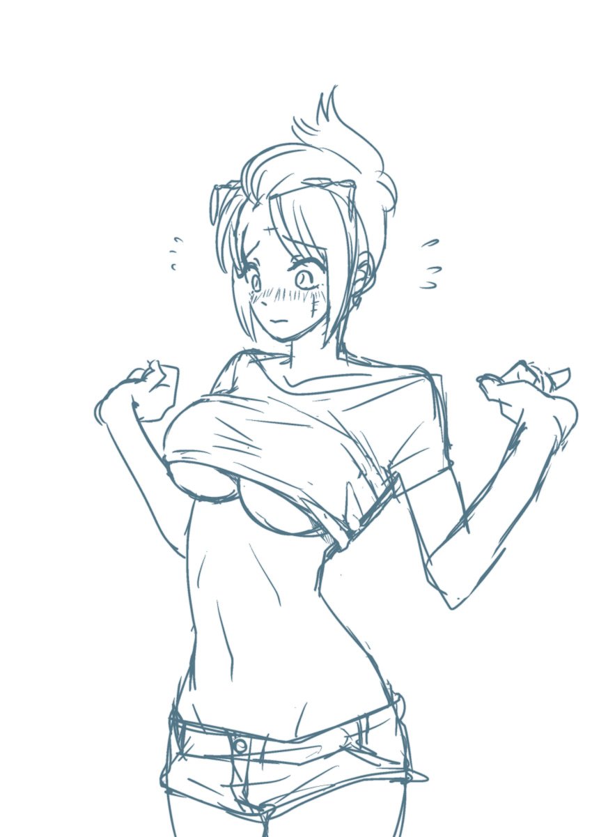 benrinnes_maiko big_breasts blush crop_top embarrassed female female_only gintama monochrome no_bra rough_sketch short_shorts shorts sketch solo tied_hair tsukuyo underboob