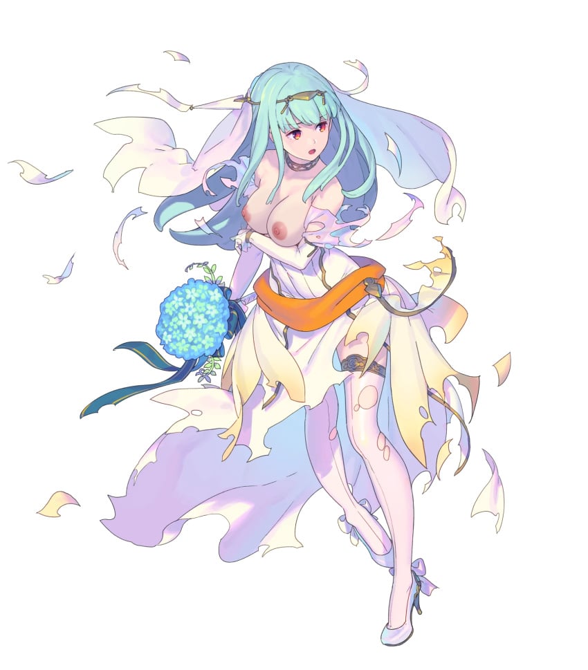 1girls alternate_costume bare_shoulders blue_hair bouquet breasts bridal_veil bride choker detached_sleeves dress edit female female_only fire_emblem fire_emblem:_the_blazing_blade fire_emblem_heroes flower full_body hair_ornament high-angle_view high_heels highres holding horror_flight7830 large_breasts long_hair looking_away ninian_(bridal)_(fire_emblem) ninian_(fire_emblem) nintendo nipples nude_filter official_alternate_costume open_mouth red_eyes shoulders solo strapless strapless_dress thighhighs topless torn_clothes torn_dress torn_thighhighs veil wedding_dress white_background white_dress