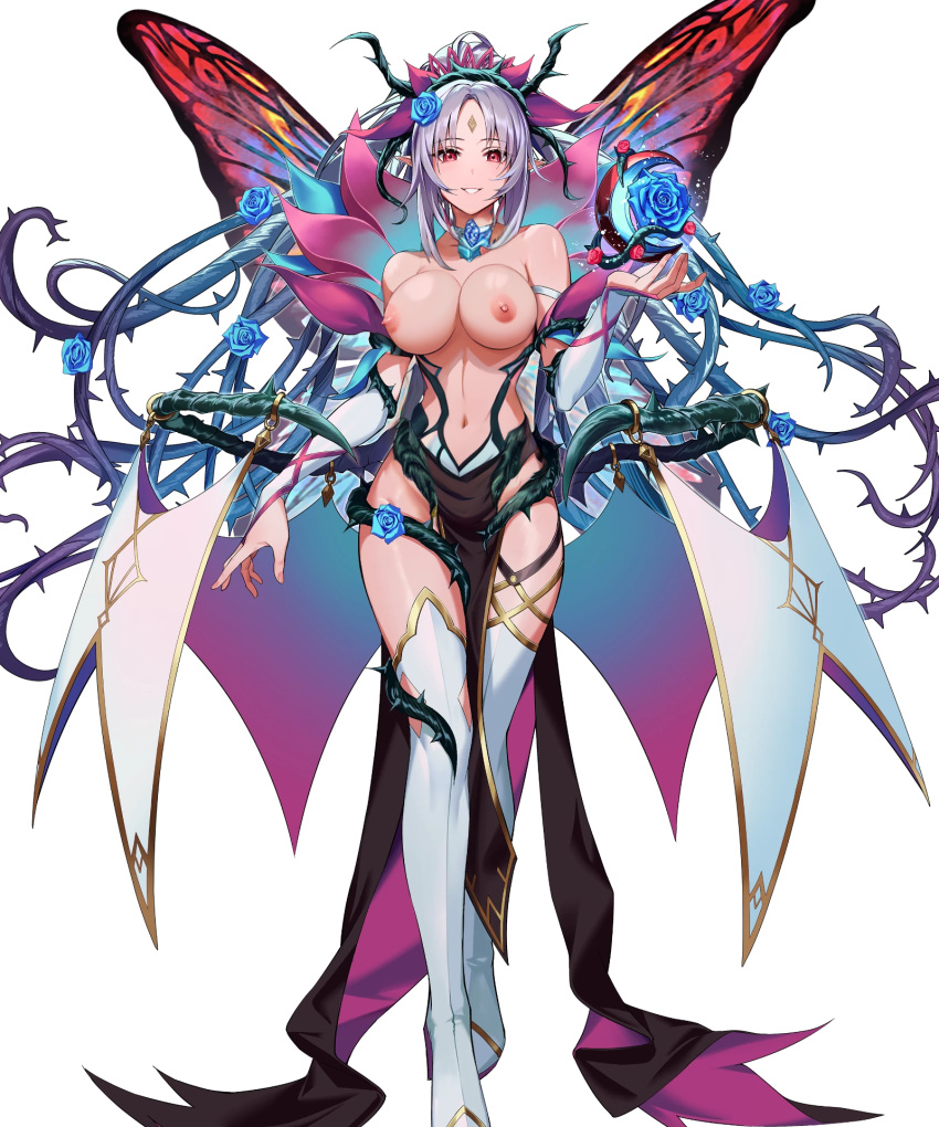 1girls alternate_costume bare_midriff bare_shoulders bare_thighs boots breasts bridal_gauntlets edit edited_official_artwork facial_mark fairy_wings female female_only fire_emblem fire_emblem_heroes flower forehead_mark gold_trim grey_hair grin hair_flower hair_ornament high_heels highres horror_flight7830 large_breasts long_hair looking_at_viewer midriff navel nintendo nipples nude_filter official_alternate_costume pelvic_curtain plant_hair plumeria_(fire_emblem) plumeria_(rapturous_dream)_(fire_emblem) pointy_ears ponytail purple_eyes shoulders smile solo teeth thigh_boots thighs thorns topless very_long_hair white_background white_footwear wings