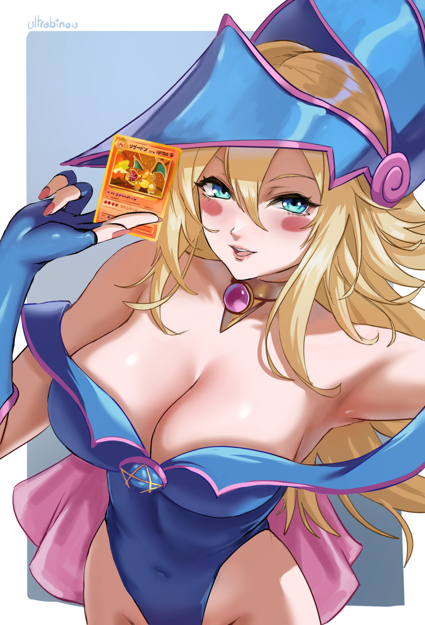 1girls blonde_hair blue_eyes card charizard cleavage crossover dark_magician_girl female fingerless_gloves jewelry leotard long_hair pokemon pokemon_(species) pokemon_card trading_card ultrabinou watermark yu-gi-oh!