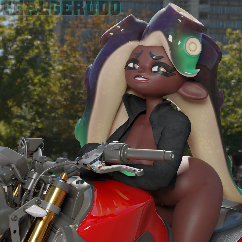 1girls 3d 3d_model anthro bike biker_jacket blender blender_(software) blender_cycles breasts city_background dark-skinned_female dark_skin female female_only goes_hard jacket looking_back marina_(splatoon) marina_(wo262) motorcycle nintendo no_panties no_shirt octoling octoling_girl self_upload smile solo splatoon street tealgerudo tentacle_hair thick_thighs watermark