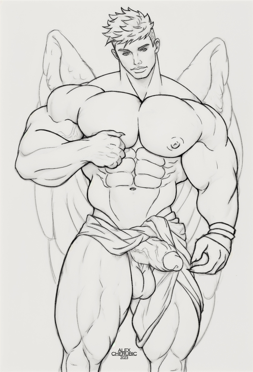 1boy abs alexcherubic angel angel_wings balls huge_cock male male_focus male_only muscles muscular muscular_arms muscular_male navel original pecs penis six_pack sketch wings