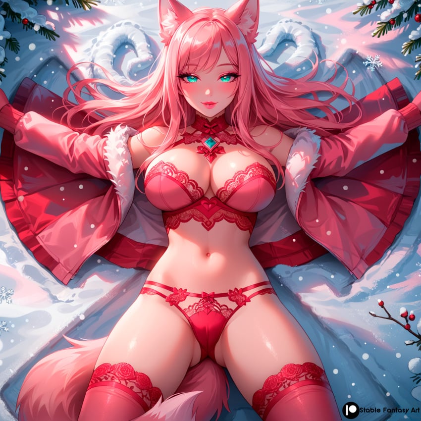 1girls ai_generated big_breasts breasts christmas christmas_outfit curvy female female_focus fox_ears fox_girl fox_tail furry innocent kitsune looking_at_viewer looking_shy melissa_(stblfantasy) original pink_hair seated snow solo stable_diffusion stblfantasy teeth thick_thighs thighs turquoise_eyes winter winter_clothes young_female