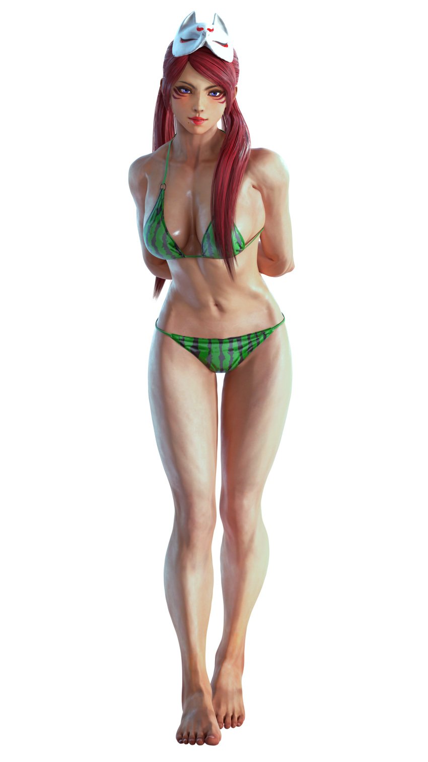 athletic_female bare_legs bikini cleavage davidchikardi female_abs fit_female kitsune_mask_on_head kunimitsu_ii kunoichi lavender_eyes namco pin_up posing red_hair tekken tekken_8 watermelon_bikini