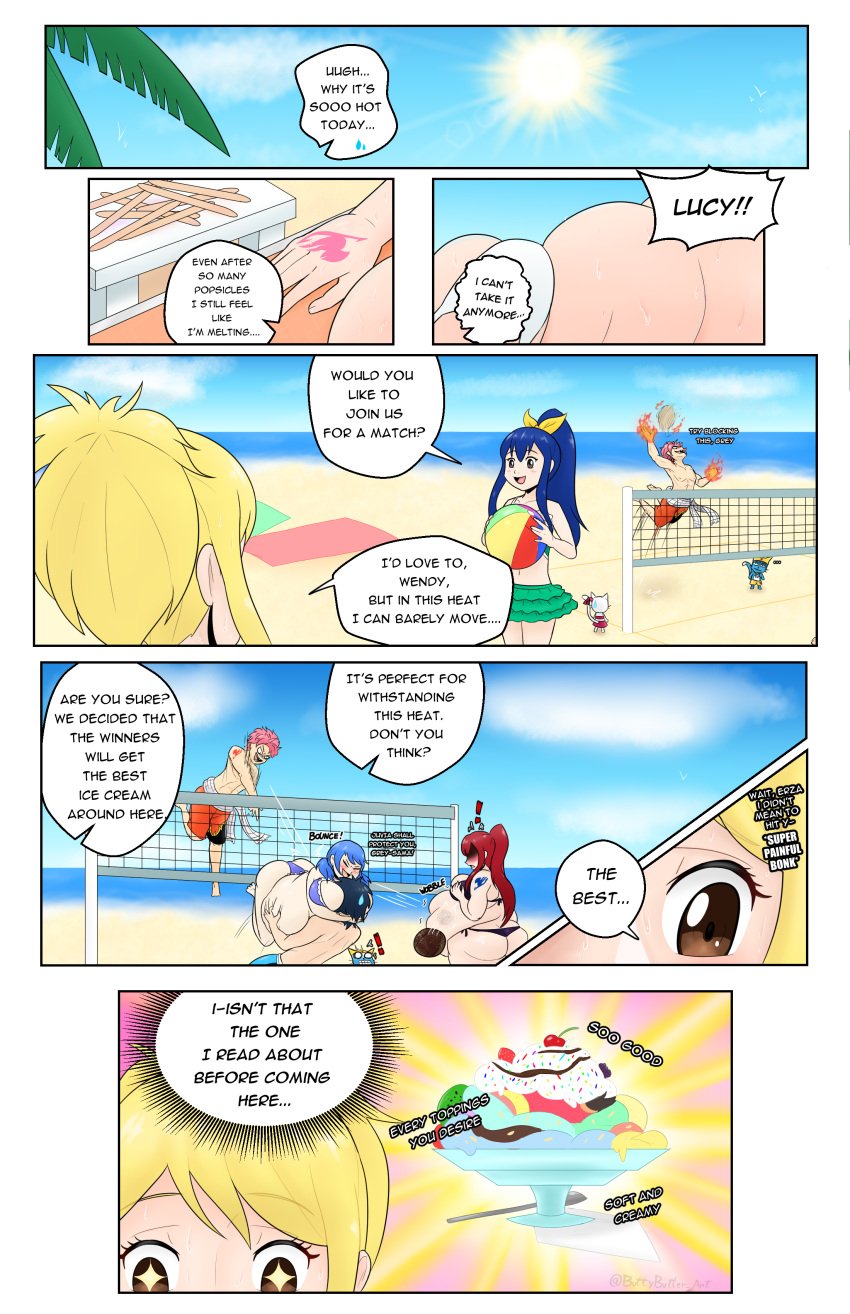 2boys 4girls beach beach_ball beach_volleyball bikini blonde_hair blue_hair buttybutter chubby chubby_female comic comic_page dialogue erza_scarlet fairy_tail fat food gray_fullbuster large_breasts lucy_heartfilia natsu_dragneel obese overweight overweight_female red_hair sparkling_eyes sweat weight_gain weight_gain_drive wendy_marvell