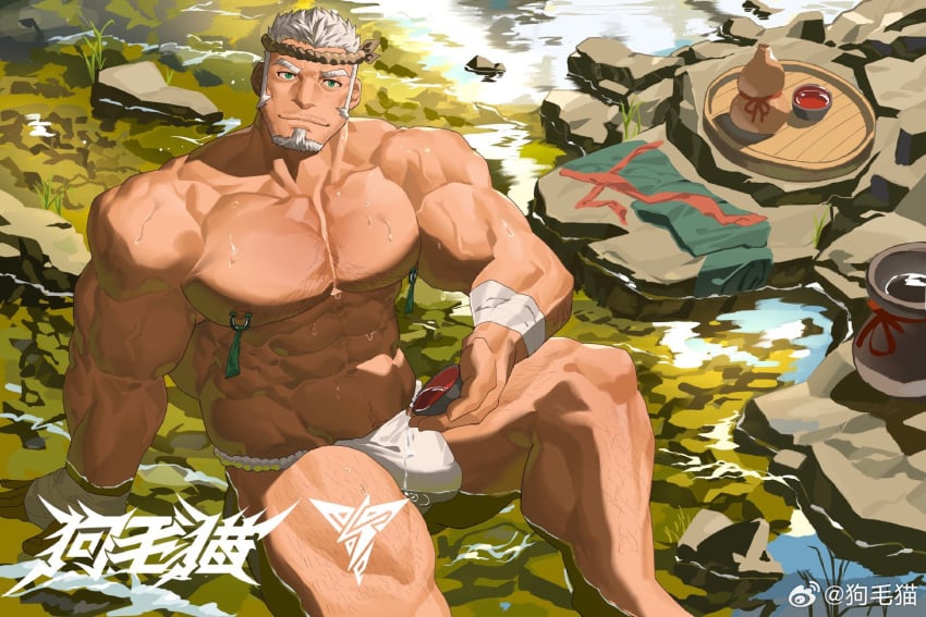 1boy abs bandage bandaged_hand bandaged_wrist bara beard beard_stubble beefy biceps big_areola big_breasts chest_hair collarbone daddy dilf fundoshi fundoshi_only gay gourd grass green_eyes hachimaki happy_trail headband hi_res human human_only hunk leg_hair liquor looking_at_viewer looking_up male male_breasts male_only manly mature_male muscles muscular muscular_arms muscular_legs muscular_male muscular_thighs nipple_piercing nipple_rings oppai original original_character pecs piercing pouring pouring_on_self river rock rokushaku_fundoshi sake sake_bottle sake_cup sake_dish shallow_water short_hair sideburns sitting sitting_in_water six_pack smile solo spread_legs taped_hands taped_wrists tekkowang thick_arms thick_eyebrows thick_neck thick_thighs topless tough_guy v-shaped_eyebrows wet wet_body wet_fundoshi white_fundoshi white_hair wide_shoulders yaoi