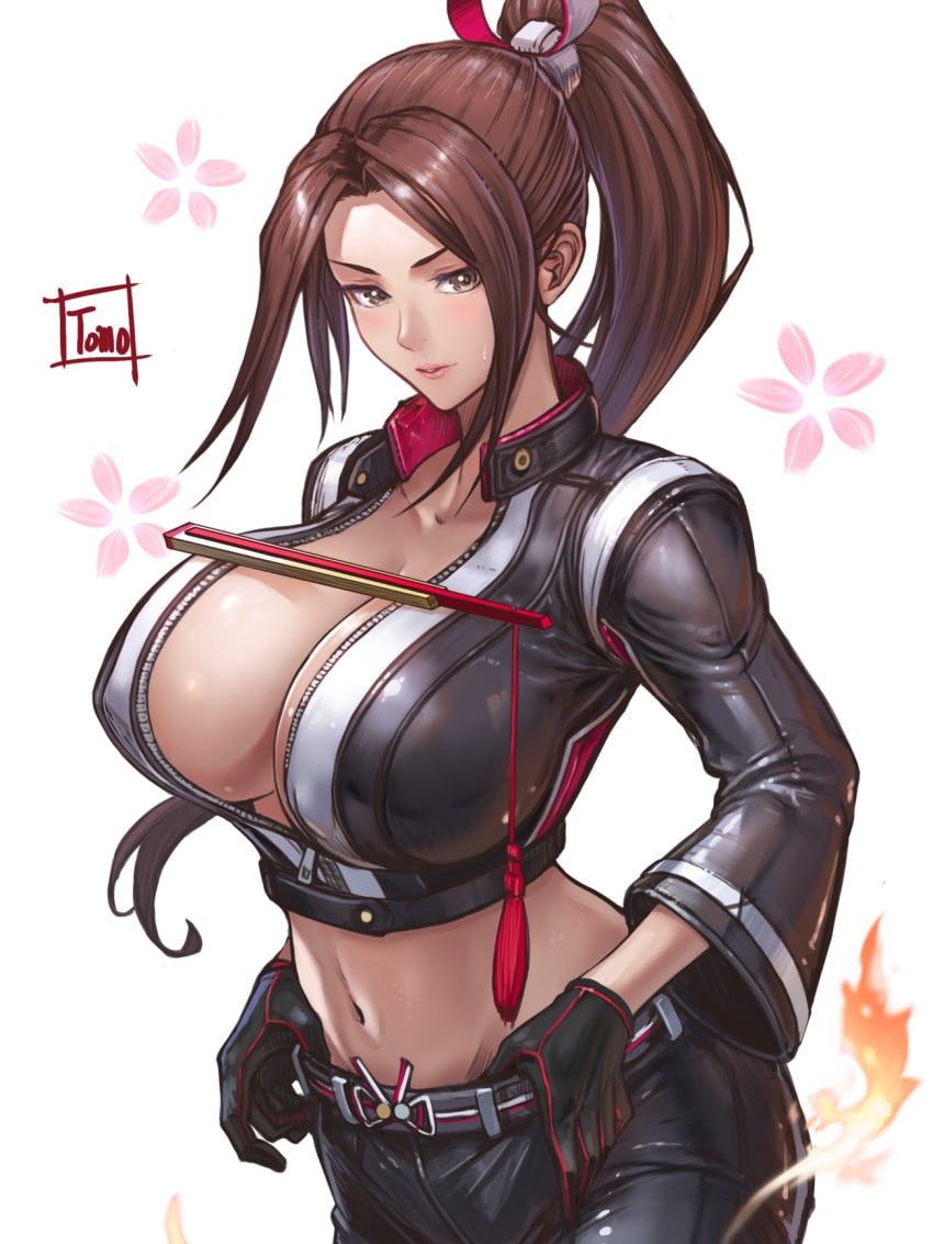 1girls artist_name belt big_breasts black_gloves black_jumpsuit breast_zipper breasts brown_hair cleavage commentary_request covered_nipples cowboy_shot crop_top cropped_jacket fatal_fury fatal_fury:_city_of_the_wolves female floral_background folded_fan folding_fan gloves grey_belt grey_eyes hand_fan high_ponytail highres holding holding_fan jumpsuit king_of_fighters large_breasts leather leather_pants mai_shiranui mai_shiranui_(city_of_the_wolves) navel no_bra pants ponytail sidelocks snk solo tomo_eokaiteru white_background wide_sleeves zipper zipper_pull_tab