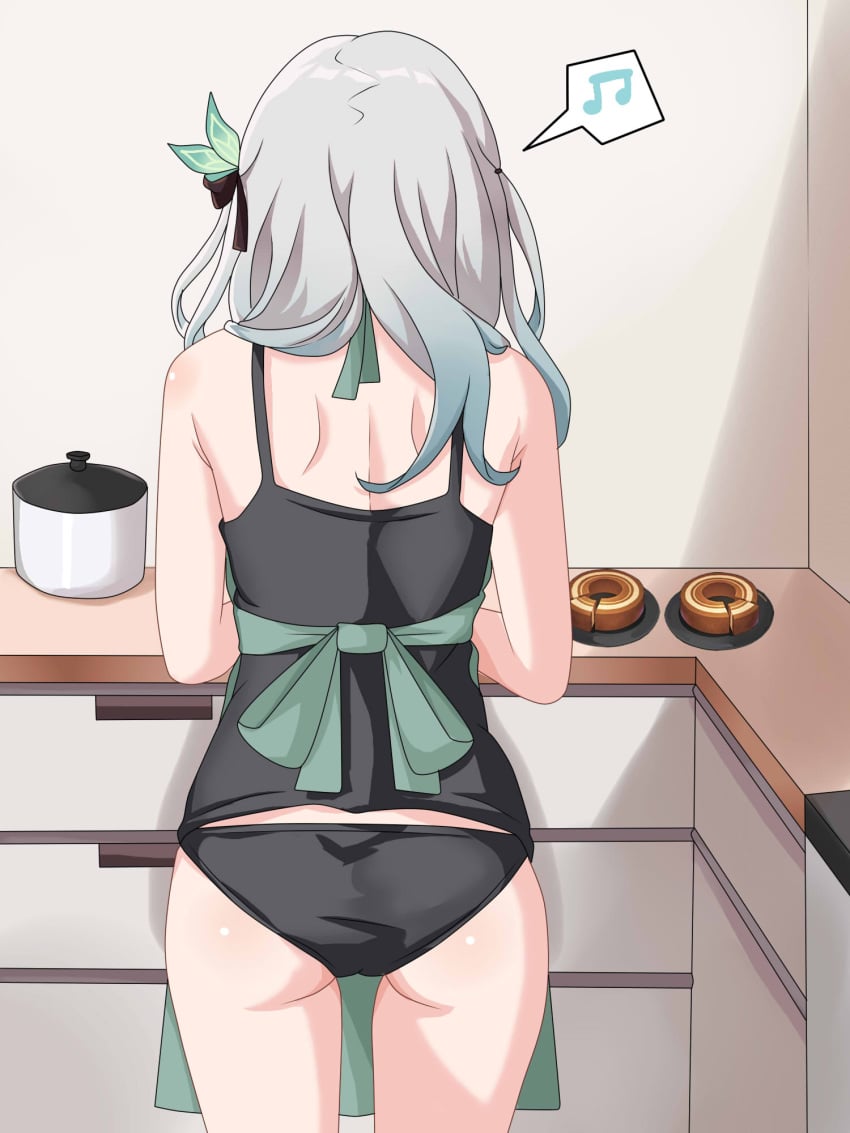 1girls apron ass cooking female female_only firefly_(honkai:_star_rail) from_behind honkai:_star_rail honkai_(series) kitchen panties ribbon