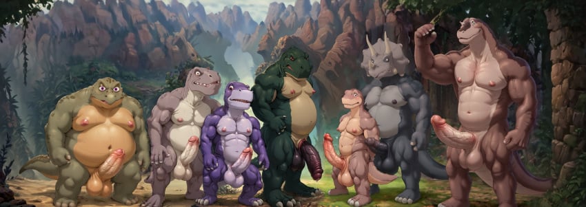 7boys ai_generated anthro balls big_balls big_muscles big_nipples big_penis big_testicles black_penis booster_rex brown_body chomper_(the_land_before_time) chubby chubby_anthro chubby_male daddy dinosaur erect_nipples erect_penis erection forest furry furry_male gay green_body grey_body huge_balls huge_cock huge_muscles huge_nipples huge_testicles littlefoot looking_at_viewer male muscles muscular muscular_anthro muscular_male nipples open_mouth penis precum purple_body purple_eyes red_eyes reptile scalie sharptooth_(character) spike_(the_land_before_time) tail testicles the_land_before_time tree triceratops two_tone_body yaoi yellow_eyes yiff