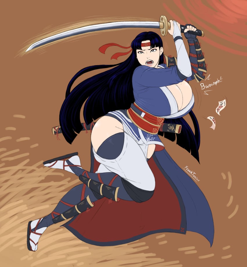 armour beautiful_female black_hair eyeliner franktonius holding_weapon huge_breasts japanese_clothing original_character samurai sharp_teeth voluptuous_female wardrobe_malfunction