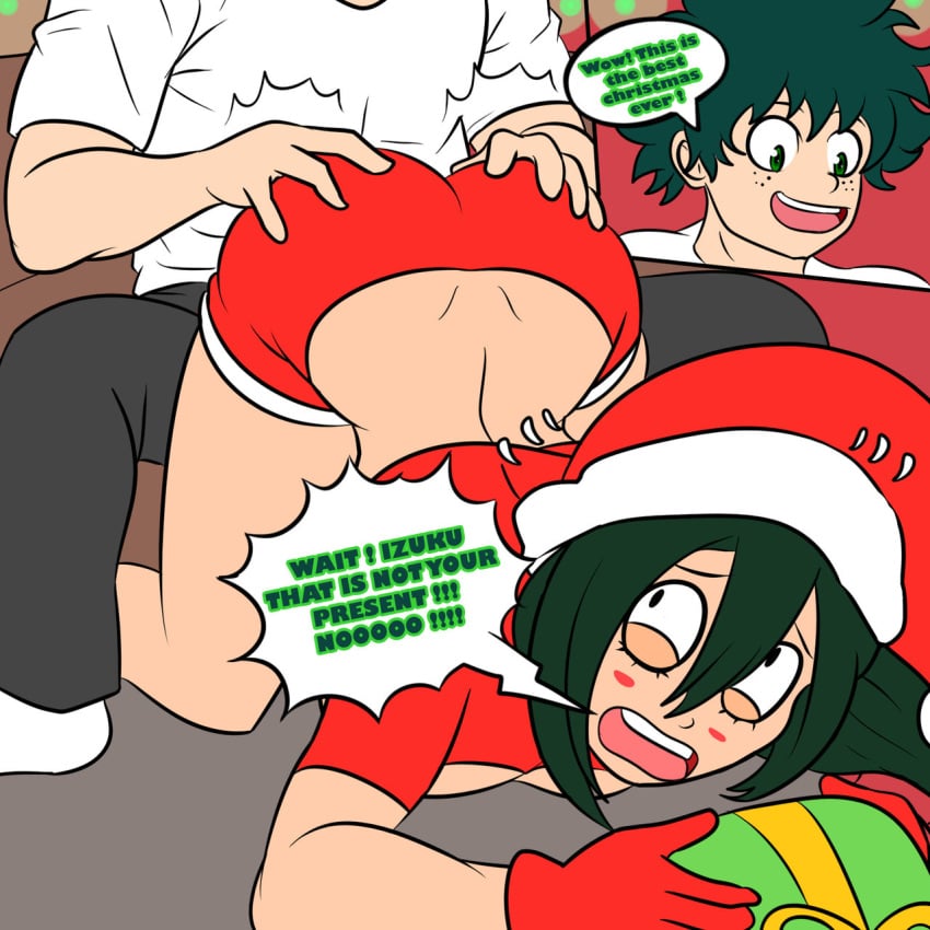 ass_up asui_tsuyu big_breasts blush boku_no_hero_academia christmas christmas_headwear christmas_lights christmas_outfit grabbing_ass groping_ass hands_on_ass imminent_rape izuku_midoriya my_hero_academia questionable_consent soulyagami64 tsuyu_asui