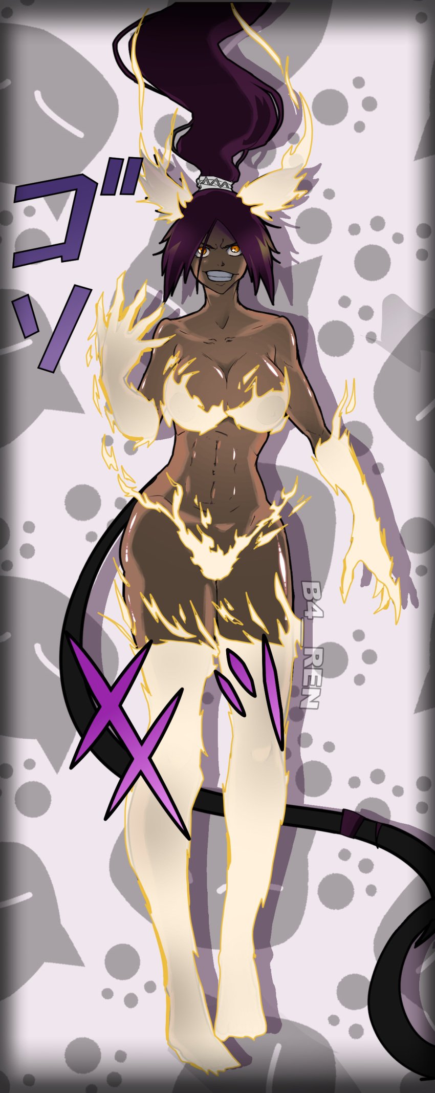 b4__ren big_ass big_breasts black_body bleach bleach:_the_thousand-year_blood_war cat_ears cat_tail completely_naked completely_nude female female_only naked nude nude_female purple_hair shihouin_yoruichi yellow_eyes