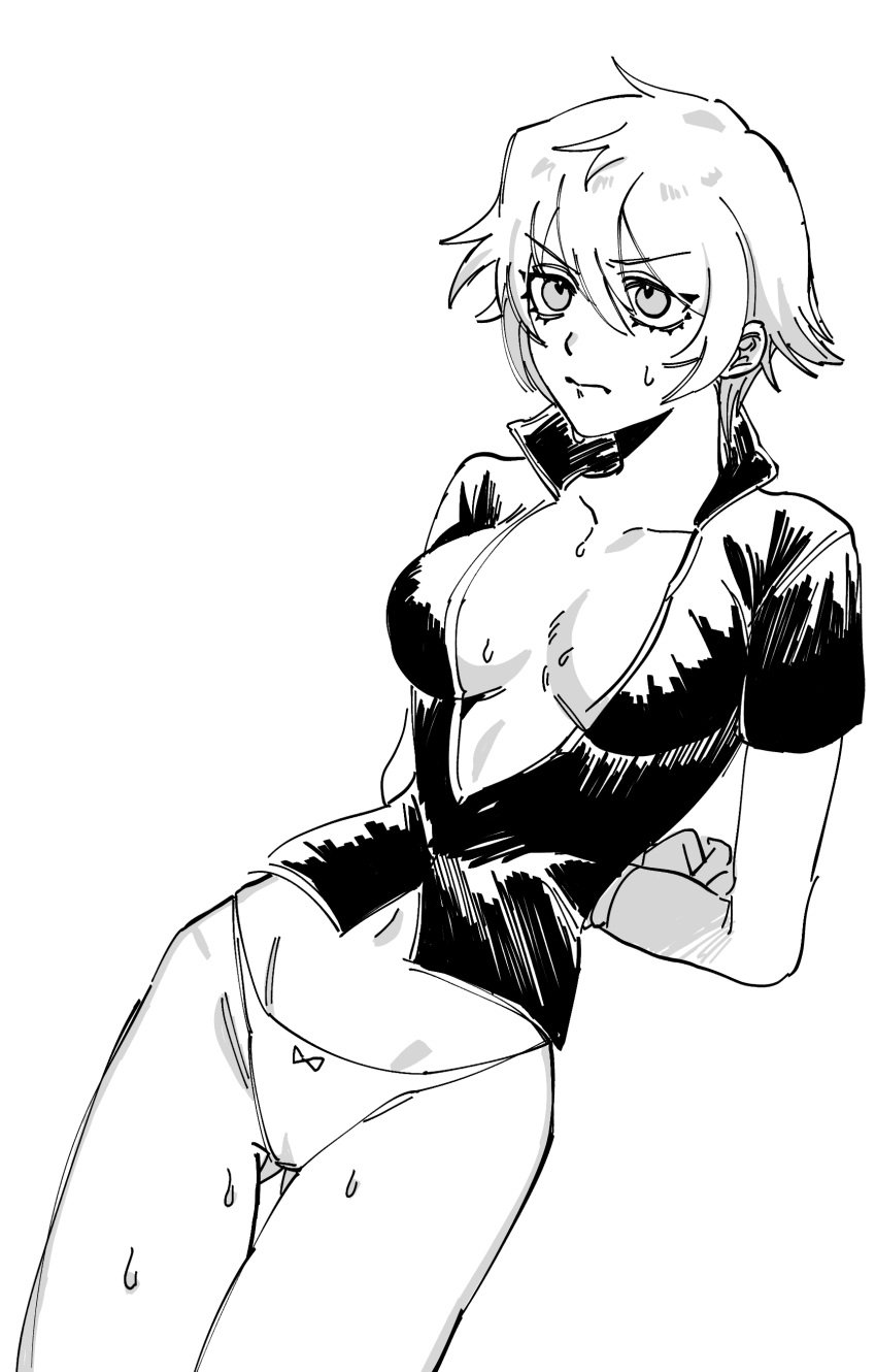 arms_behind_back breasts_apart canon_genderswap female female_only genderswap_(mtf) ginko_sakata gintama gintoki_sakata medium_breasts monochrome no_bra omoidnh panties popped_collar rule_63 short_hair solo sweat thigh_gap