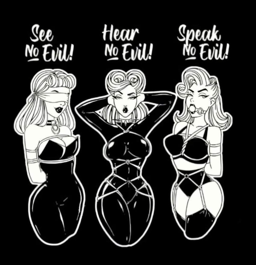 3girls ball_gag blindfold blonde_hair bondage collar female_only hear_no_evil latex_clothing looking_at_viewer multiple_girls pinup pinup_(style) pinup_girls see_no_evil shibari_over_clothes speak_no_evil spiked_collar