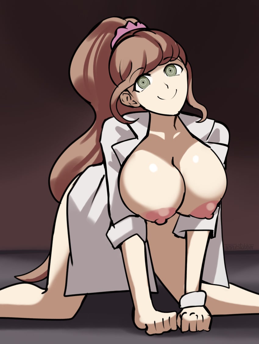 all_fours danganronpa danganronpa_(series) danganronpa_3 female_only labcoat large_breasts nipples solo_female tagme tits_out triplestabber yukizome_chisa