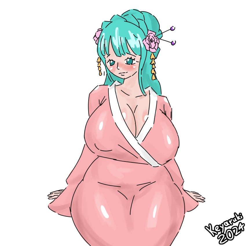 1female 1girls 2d 2d_(artwork) ass big_ass big_breasts big_hips big_thighs boobs_bigger_than_head breasts cyan_hair female female_focus female_only flat_colors gigantic_breasts hips keyaruki kozuki_hiyori massive_breasts oiran one_piece prostitute shiny_skin signature simple_background simple_coloring solo solo_focus standing thick_thighs thighs twitter_link unrealistic_proportions voluptuous voluptuous_female