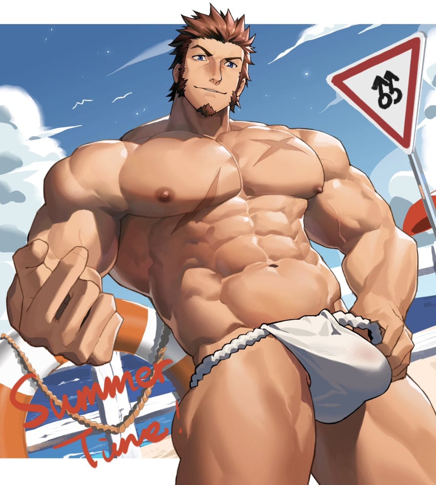 1boy abs ass_visible_through_thighs bara beach beach_background beard beckoning beefy biceps big_areola big_breasts big_bulge blue_eyes brown_hair bulge bulge_through_clothing cloud cross_scar daddy dilf erect_nipples fate/grand_order fate_(series) fence frown fundoshi fundoshi_only gay gesture grin hand_on_hip hi_res highres hunk lifebuoy looking_at_viewer male male_only male_symbol manly mature_male morning muscles muscular muscular_arms muscular_legs muscular_male muscular_thighs napoleon_bonaparte_(fate) open_legs oppai pecs road_sign rokushaku_fundoshi rope scar scar_on_chest seagull short_hair sideburns six_pack sky slicked_back_hair solo standing summer tekkowang text thick_arms thick_thighs topless tough_guy v-shaped_eyebrows veiny_arms veiny_legs welcoming white_border white_fundoshi wide_shoulders yaoi