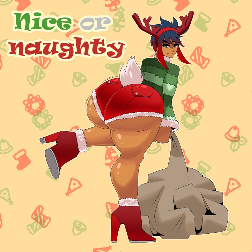 antler_headband antlers ass big_ass blue_eyes booty_shorts bottom_heavy christmas christmas_outfit danivere_(dual_dragons) dual_dragon english_text heels huge_ass looking_at_viewer looking_back simple_background sweater thick_thighs two_tone_hair