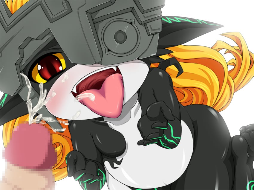 amau_(artist) blush censored cum cum_on_face facial fangs female highres imp imp_midna midna open_mouth penis red_eyes the_legend_of_zelda tongue twilight_princess white_background