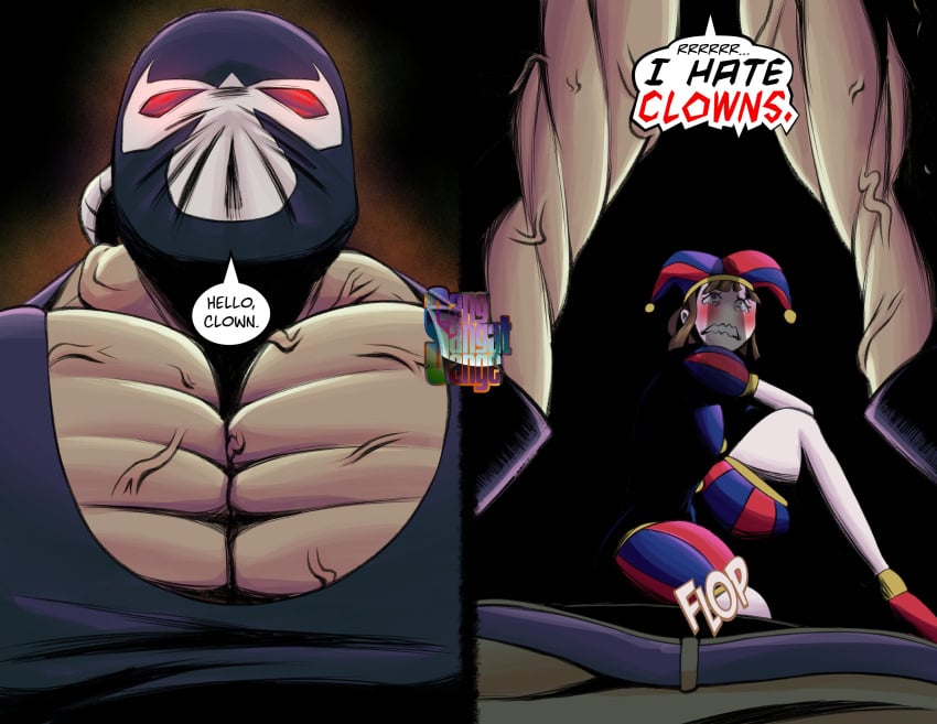 artist_logo bane batman_(series) comic crack_pairing crack_ship crossover crossover_pairing crossover_sex crossover_shipping dc dc_comics dialogue english english_text fear female imminent_rape imminent_sex larger_male latino light-skinned_female male muscular muscular_male pants_down penis_shadow pomni pomni_(the_amazing_digital_circus) sangsangatsange scared scared_expression simple_background smaller_female sound_effects speech_bubble the_amazing_digital_circus twitter_link weird_crossover white_skin