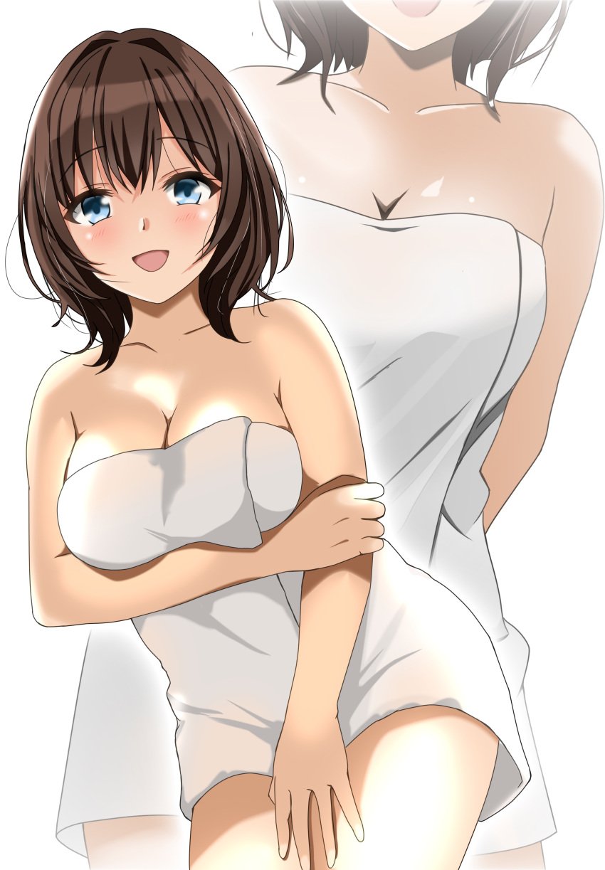 1girls absurd_res absurdres arm_behind_back arms_behind_back bare_arms bare_chest bare_hands bare_legs bare_shoulders bare_skin bare_thighs blue_eyes blue_eyes_female blush blush_face blushed_face blushing_face blushing_female breasts brown_eyebrows brown_hair brown_hair_female cleavage collarbone dot_nose elbows exposed_arms exposed_chest exposed_legs exposed_shoulders exposed_skin exposed_thighs eyebrows_visible_through_hair female female_focus female_only fingers front_view hair_between_eyes hand_behind_back hand_on_arm hand_on_leg hand_on_own_arm hand_on_own_leg hand_on_own_thigh hand_on_thigh hands_behind_back high_resolution highres holding_towel large_breasts lean_body lean_figure legs looking_at_viewer looking_down looking_down_at_viewer medium_hair multiple_views narrow_waist open_mouth open_mouth_smile original original_art original_artwork original_character parted_lips shiny_breasts shiny_hair shiny_skin shoulders simple_background slender_body slender_waist slim_girl slim_waist smile smiley_face smiling smiling_at_viewer solo standing tetsuado thighs thin_waist tongue towel towel_around_waist towel_only towel_over_breasts upper_body white_background white_towel wide_hips