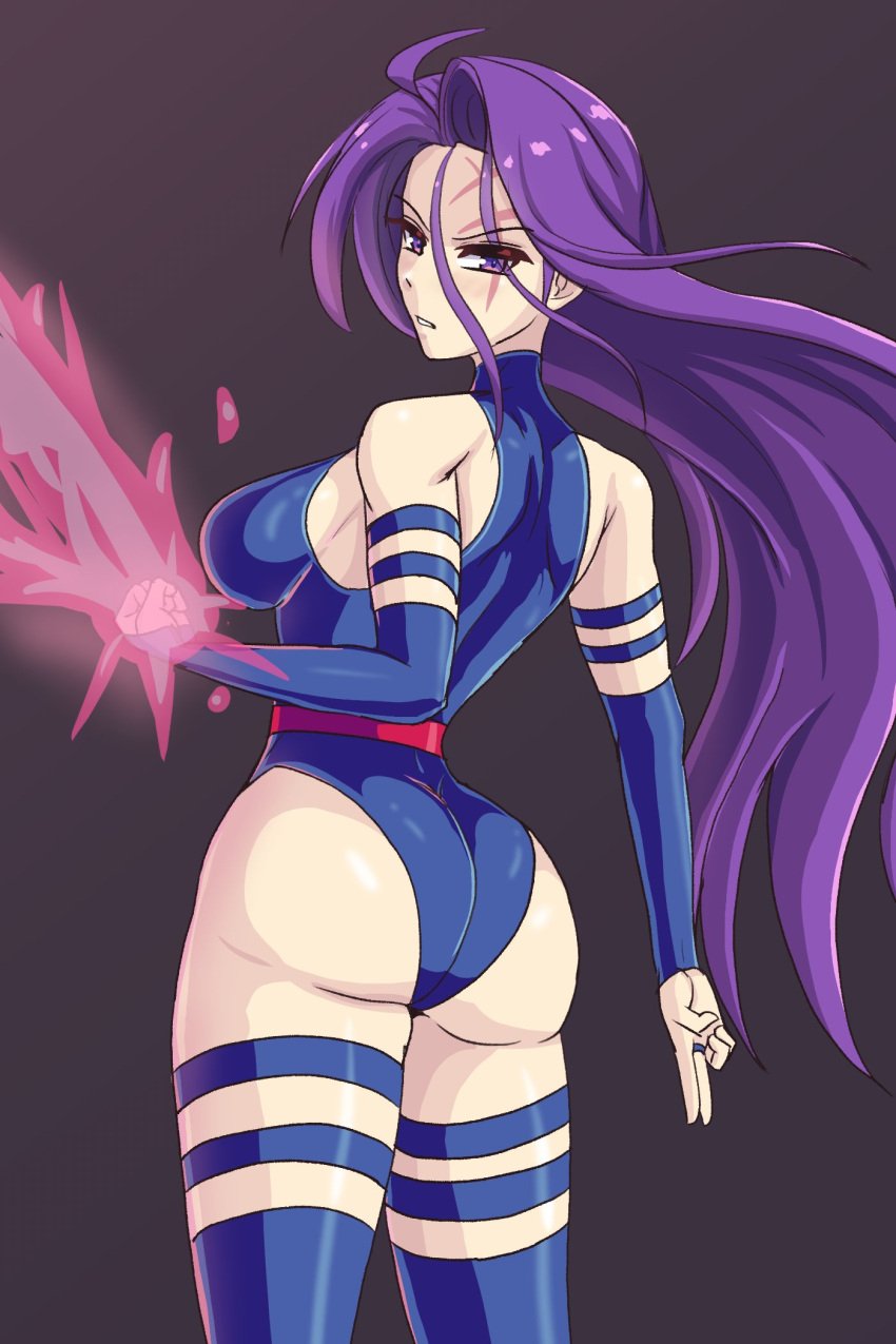 1girls arm_strap arm_straps ass ass_focus big_ass boots leotard magic marvel marvel_rivals psylocke psylocke_(marvel_rivals) purple_eyes purple_hair thigh_strap thigh_straps