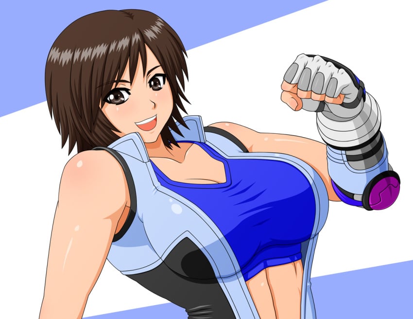 breasts brown_eyes brown_hair cleavage elbow_pads female female_only fingerless_gloves gloves human kazama_asuka large_breasts makani_kohitujito namco pointy_chin short_hair smile solo tekken tekken_5_dark_resurrection