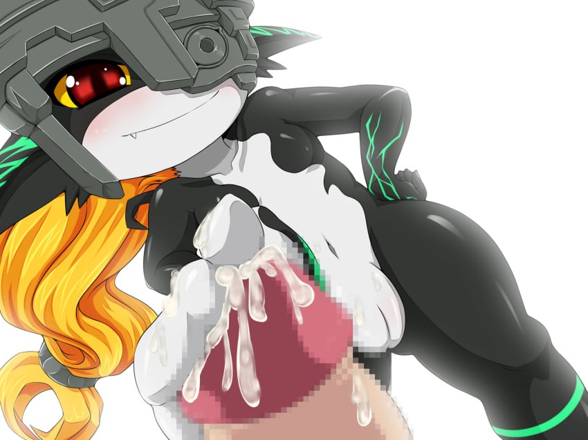 1boy 1girls amau_(artist) cum feet female footjob highres imp imp_midna male midna penis red_eyes straight the_legend_of_zelda twilight_princess white_background