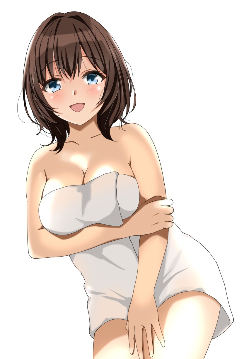 1girls absurd_res absurdres bare_arms bare_chest bare_hands bare_legs bare_shoulders bare_skin bare_thighs blue_eyes blue_eyes_female blush blush_face blushed_face blushing_face blushing_female breasts brown_eyebrows brown_hair brown_hair_female cleavage collarbone dot_nose elbows exposed_arms exposed_chest exposed_legs exposed_shoulders exposed_skin exposed_thighs eyebrows_visible_through_hair female female_focus female_only fingers hair_between_eyes hand_on_arm hand_on_leg hand_on_own_arm hand_on_own_leg hand_on_own_thigh hand_on_thigh high_resolution highres holding_towel large_breasts lean_body lean_figure legs looking_at_viewer looking_down looking_down_at_viewer medium_hair narrow_waist open_mouth open_mouth_smile original original_art original_artwork original_character parted_lips shoulders simple_background slender_body slender_waist slim_girl slim_waist smile smiley_face smiling smiling_at_viewer solo standing tetsuado thighs thin_waist tongue towel towel_around_waist towel_only towel_over_breasts upper_body white_background white_towel wide_hips