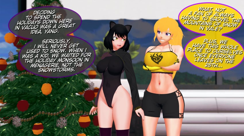 2girls arms_under_breasts arrancon black_hair black_hair_female blake_belladonna blonde_female blonde_hair breasts canon_couple cat_ears christmas christmas_ornaments christmas_tree dialogue leotard nipples_visible_through_clothing ponytail purple_eyes robotic_arm rwby scar_on_stomach yang_xiao_long yellow_eyes