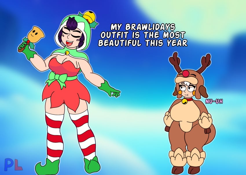 1boy 1girls 2girls ass_focus backboob bare_shoulders big_ass big_breasts big_butt black_hair bonnie_(brawl_stars) brawl_stars bubble_ass cap chichi's_armor child_bearing_hips choker christmas christmas_outfit clothed clothing cosplay curvy_figure dialogue english_text female gloves helmet hyper_ass janet_(brawl_stars) light-skinned_female light_skin lying_on_stomach missing_tooth pldrawings running sex_gesture shortstack slut_collar slutty_outfit smile smiling_at_viewer suggestive thick thick_thighs thunder_thighs voluptuous white_hair wide_hips