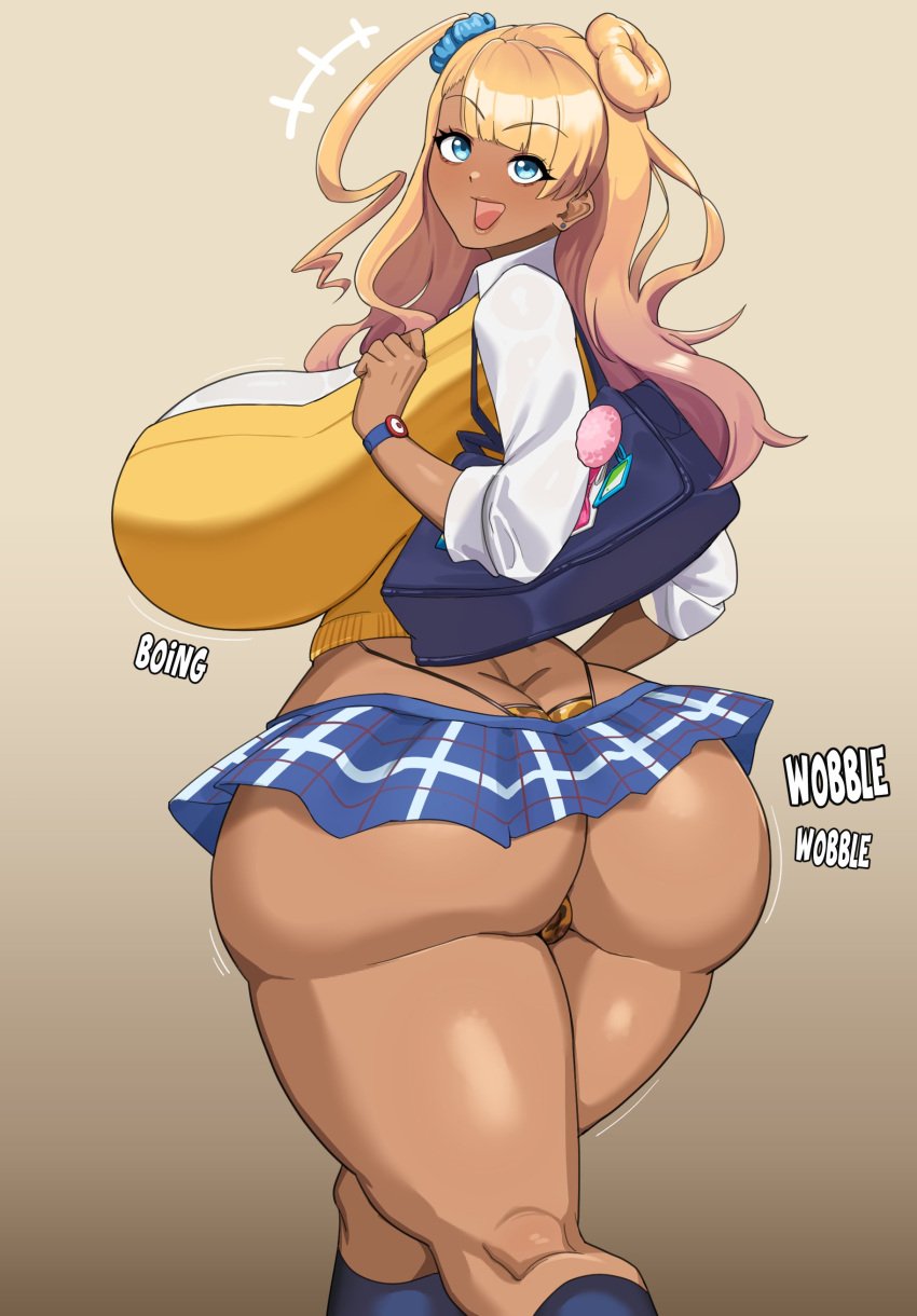 1girls alternate_breast_size ass ass_focus bag blonde_hair blue_eyes blush breasts dark-skinned_female dark_skin earrings female galko gyaru hair_bun huge_ass huge_breasts large_breasts leopard_print_panties long_hair muundae open_mouth oshiete!_galko-chan school_uniform shiny_skin side_ponytail sideboob skirt smile tan tan_body tan_skin thick_ass tied_hair uniform wardrobe_malfunction watch