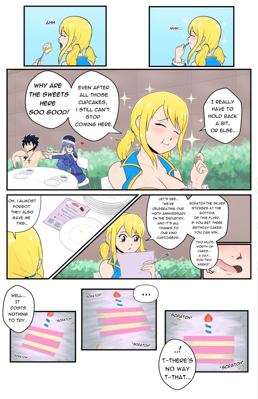 blonde_hair blush buttybutter chubby chubby_female clothed comic comic_page dialogue drooling eating fairy_tail fat gray_fullbuster juvia_lockser large_breasts lucy_heartfilia overweight overweight_female weight_gain