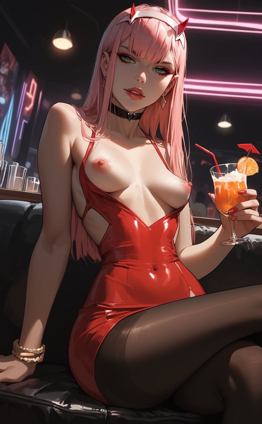 1girls ai_generated alcoholic_drink bracelets breasts collar darling_in_the_franxx dress_down earrings female_only green_eyes_female holding_glass horn_headband long_hair_female looking_at_viewer navel nes-ai-extravaganza nipples pink_hair_female sitting solo_female zero_two_(darling_in_the_franxx)